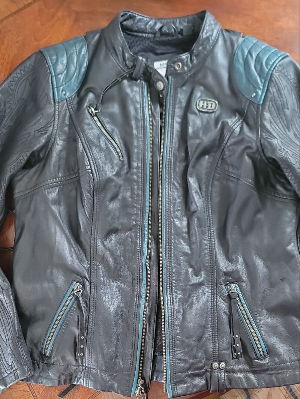 Harley-Davidson Black Leather Jacket with Teal Accents - Picture 3 of 12
